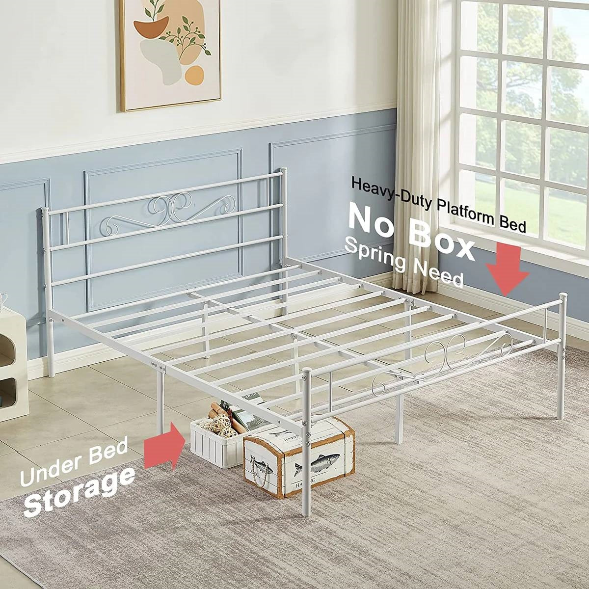 Queen White Metal Platform Bed Frame with Headboard and Footboard