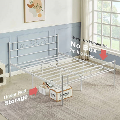 Queen White Metal Platform Bed Frame with Headboard and Footboard