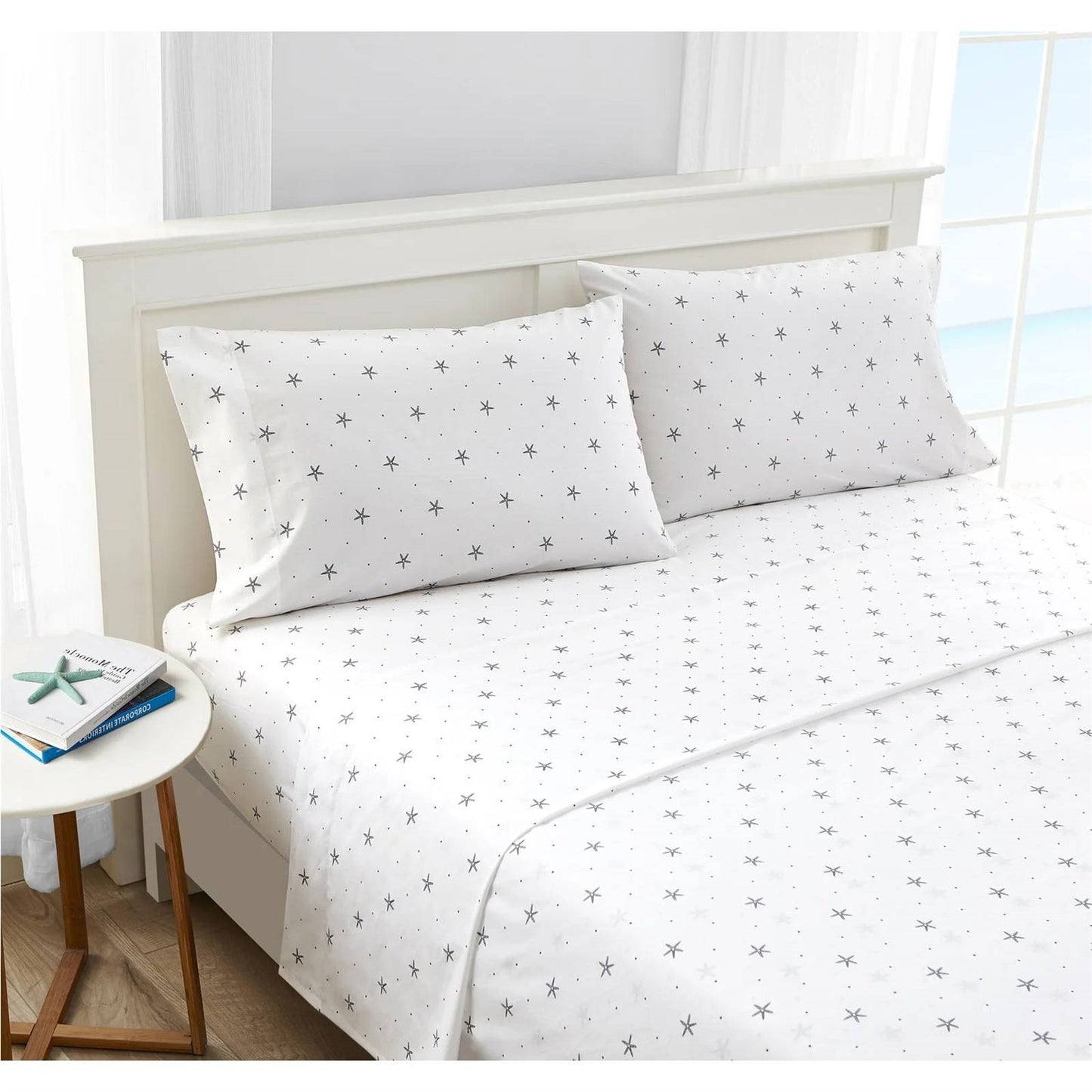 Queen size Coastal Beach Starfish White Navy Red 100-Percent Cotton Sheet Set — Chic Home-Decor