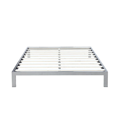 Queen size Silver Metal Platform Bed Frame with Wooden Slats