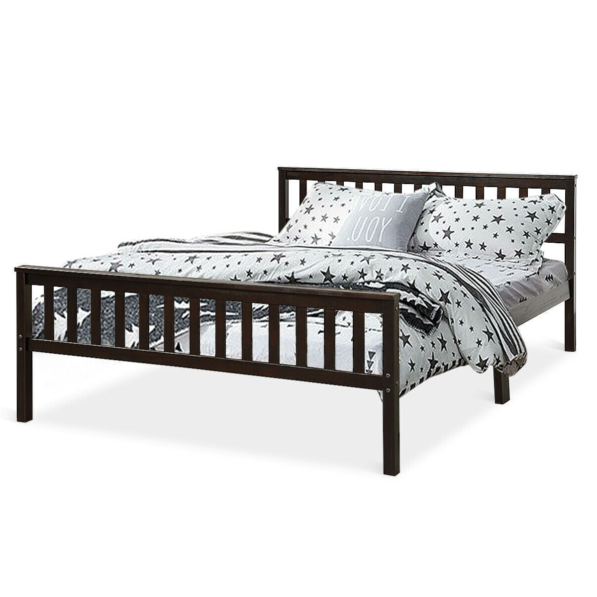 Queen wood platform bed frame with headboard and footboard in espresso finish by FastFurnishings