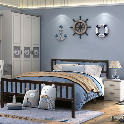Queen wood platform bed frame with headboard and footboard in espresso, dark wood finish in a nautical blue bedroom.