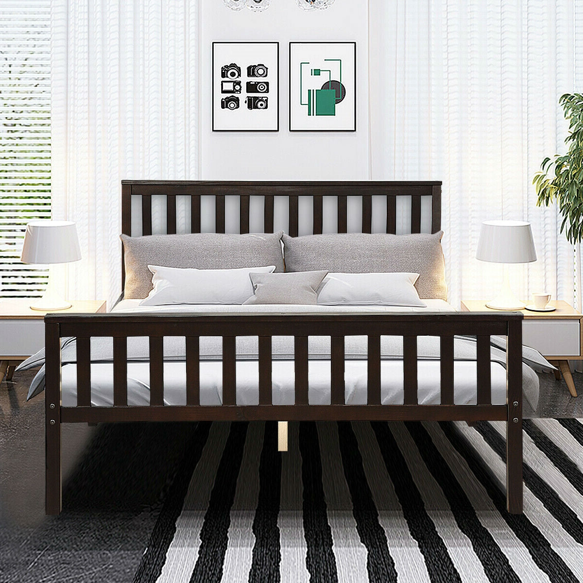 Queen Wood Platform Bed Frame with Headboard and Footboard in Espresso finish