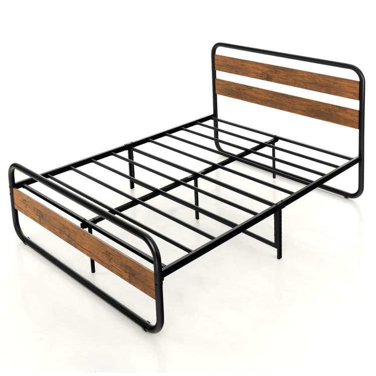 Queen Industrial Wood and Metal Tube Platform Bed with Headboard and Footboard — Chic Home-Decor