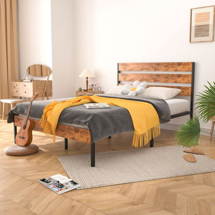 Queen Industrial Platform Bed Frame with Brown Wood Slatted Headboard Footboard — Chic Home-Decor