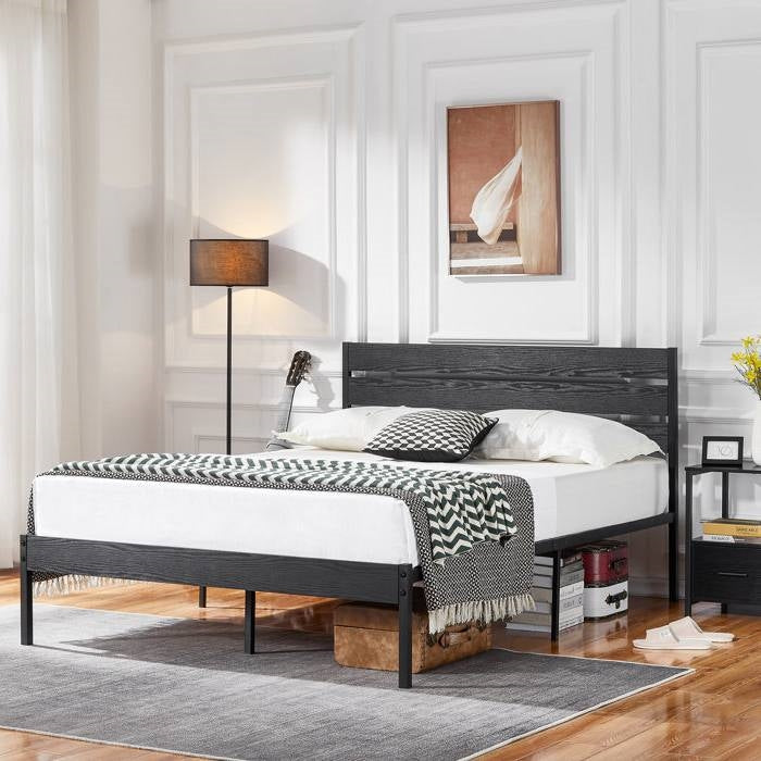 Queen size Industrial Platform Bed Frame with Wood Slatted Headboard in Black — Chic Home-Decor
