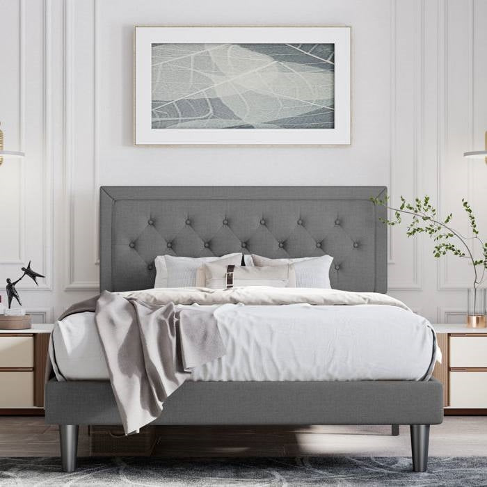 Queen Dark Grey Linen Upholstered Platform Bed with Button-Tufted Headboard — Chic Home-Decor