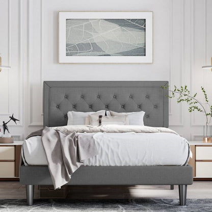 Queen Dark Grey Linen Upholstered Platform Bed with Button-Tufted Headboard — Chic Home-Decor