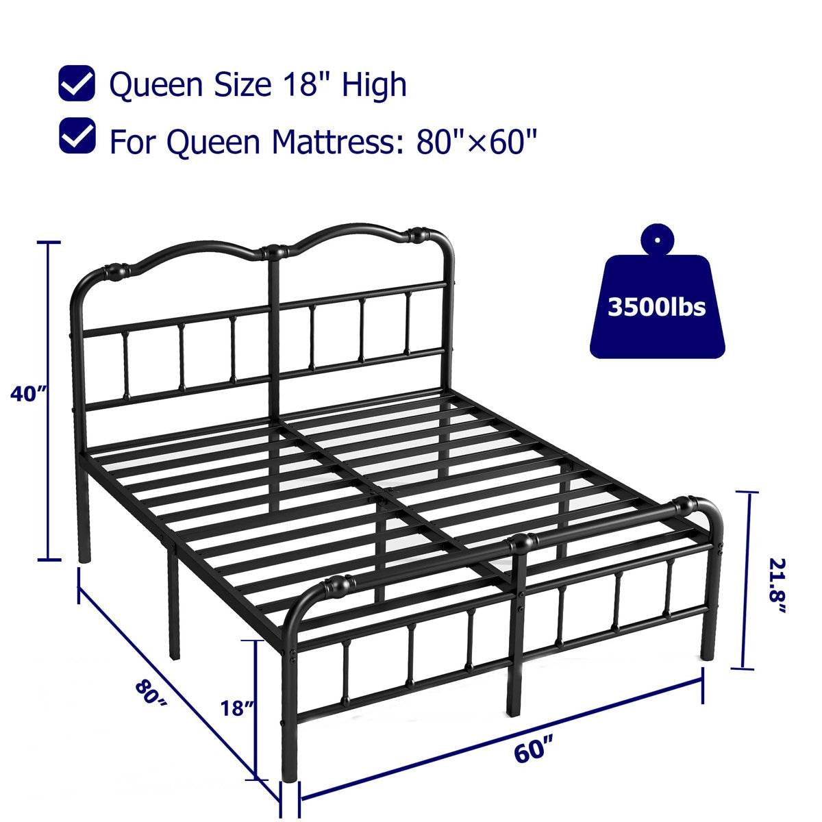 Queen Size Industrial Vintage Heavy Duty Steel Slat Bed Frame in black metal by FastFurnishings