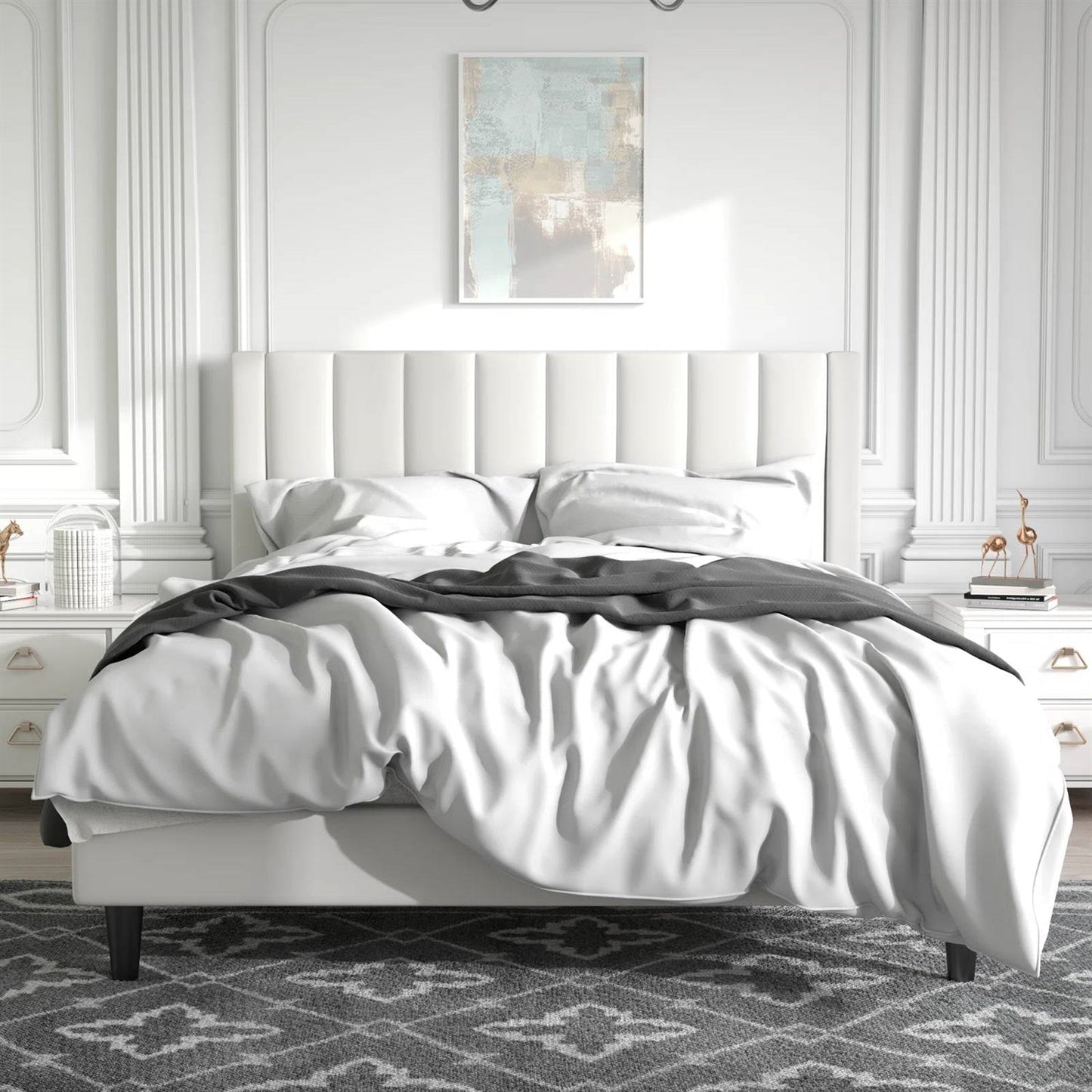 Queen size White Velvet Upholstered Platform Bed Frame with Headboard — Chic Home-Decor