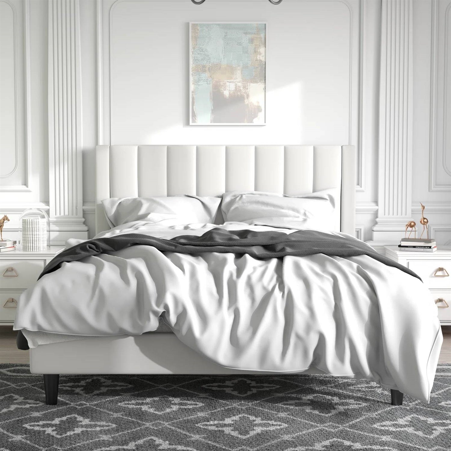 Queen size White Velvet Upholstered Platform Bed Frame with Headboard — Chic Home-Decor