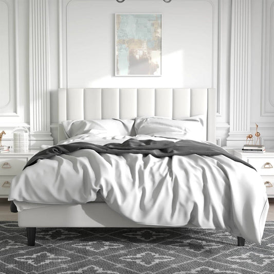 Queen size White Velvet Upholstered Platform Bed Frame with Headboard — Chic Home-Decor