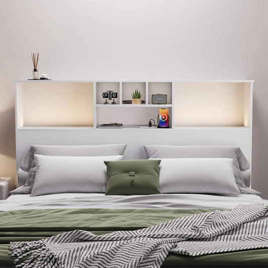 Queen size bookcase headboard in white wood finish with LED lights by FastFurnishings bed set
