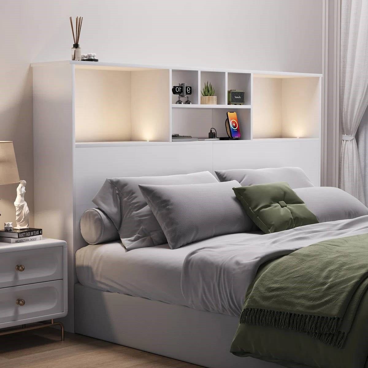 Queen size bookcase headboard bed set in white wood finish with LED lights, FastFurnishings