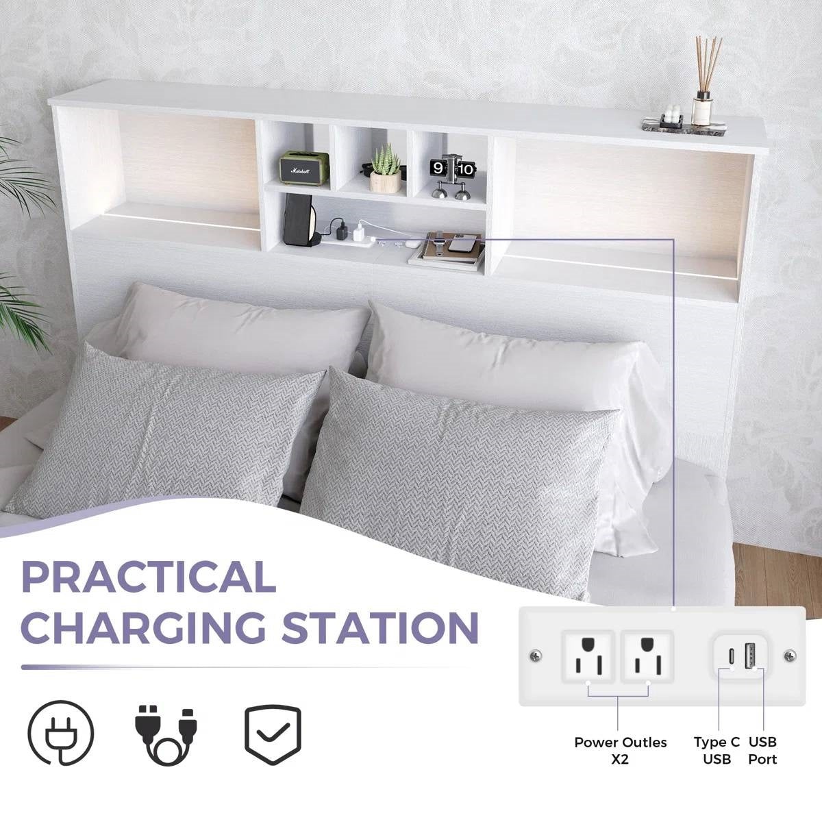 Queen size bookcase headboard in white wood with LED lights and built-in dual outlets USB charging FastFurnishings