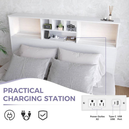 Queen size bookcase headboard in white wood with LED lights and built-in dual outlets USB charging FastFurnishings