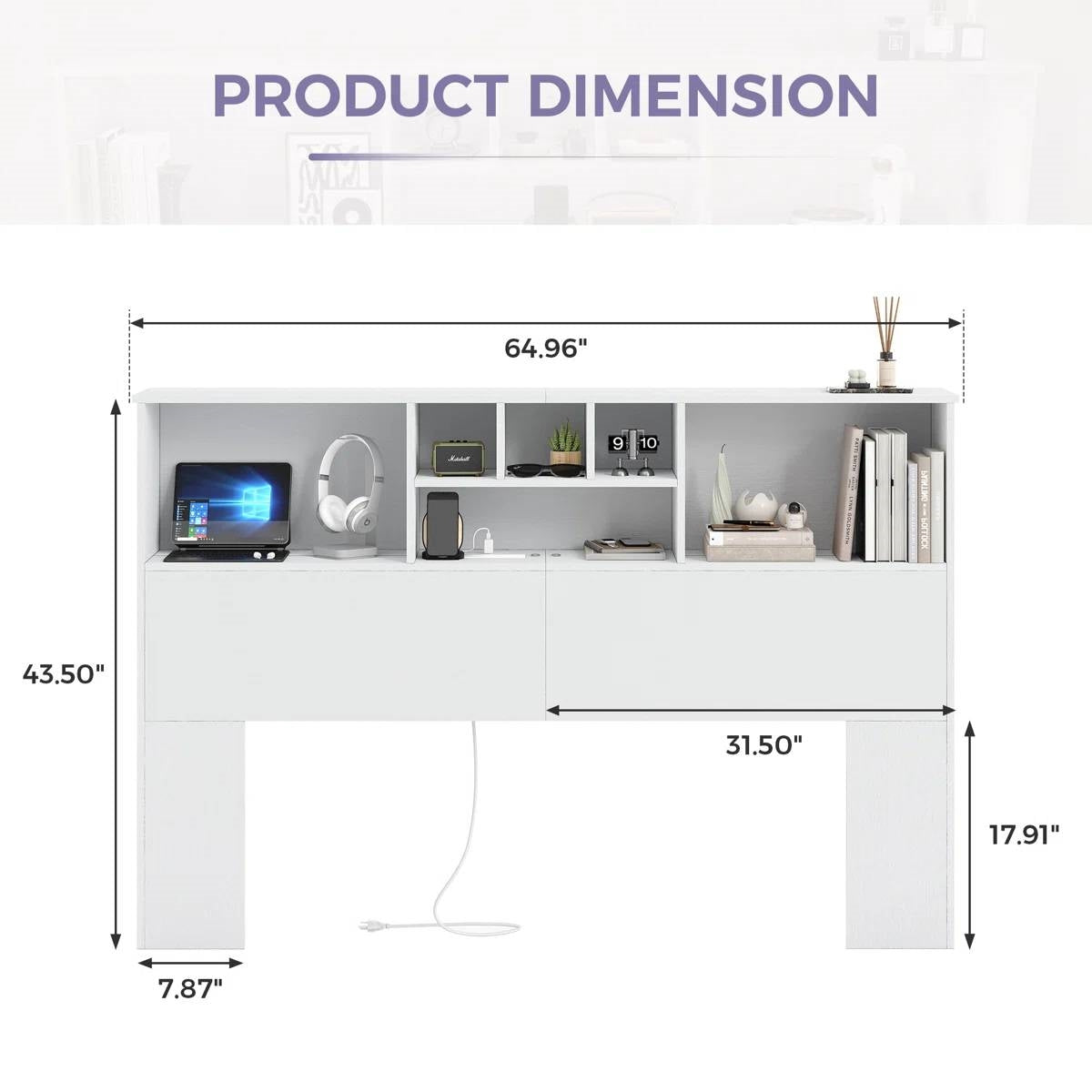 Queen size bookcase headboard in white wood finish with LED lights, by FastFurnishings Bed Sets