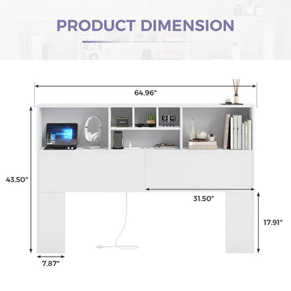 Queen size bookcase headboard in white wood finish with LED lights, by FastFurnishings Bed Sets