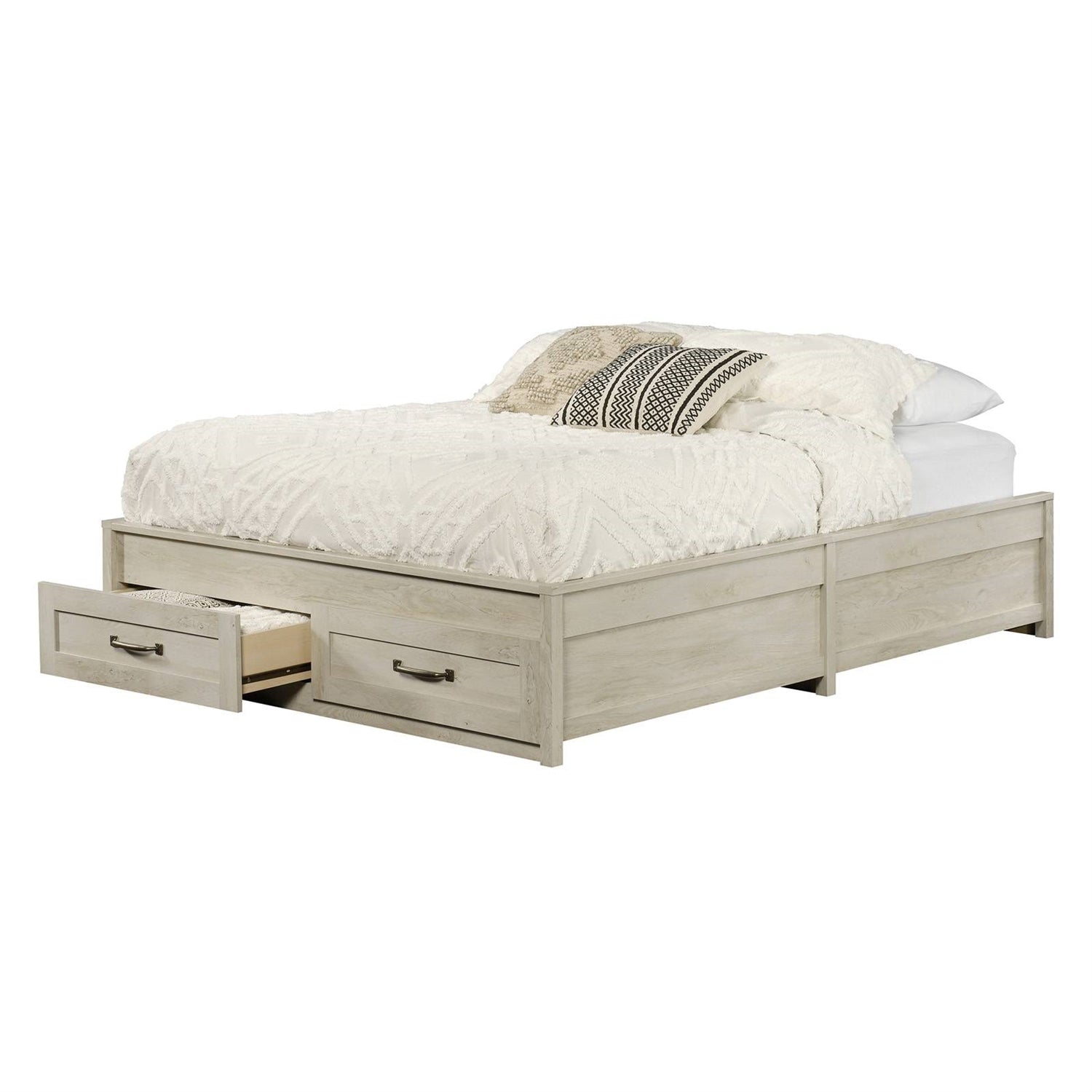 Queen Farmhome Platform Bed with Storage Drawers in Off-White Wood Finish — Chic Home-Decor