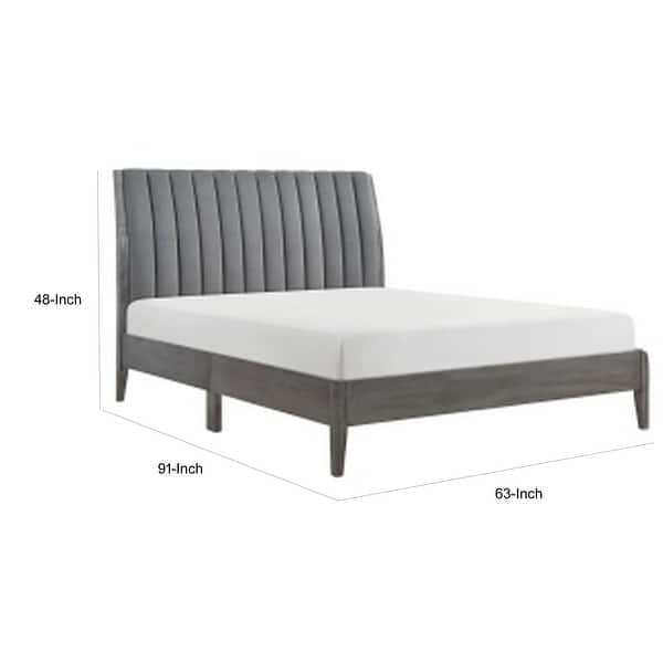 Queen Size Platform Bed, Channel Tufted Upholstered Back, Gray Velvet