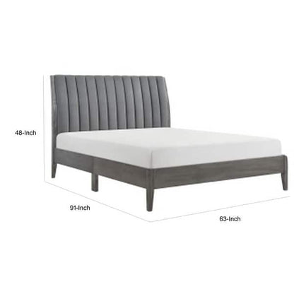 Queen Size Platform Bed, Channel Tufted Upholstered Back, Gray Velvet