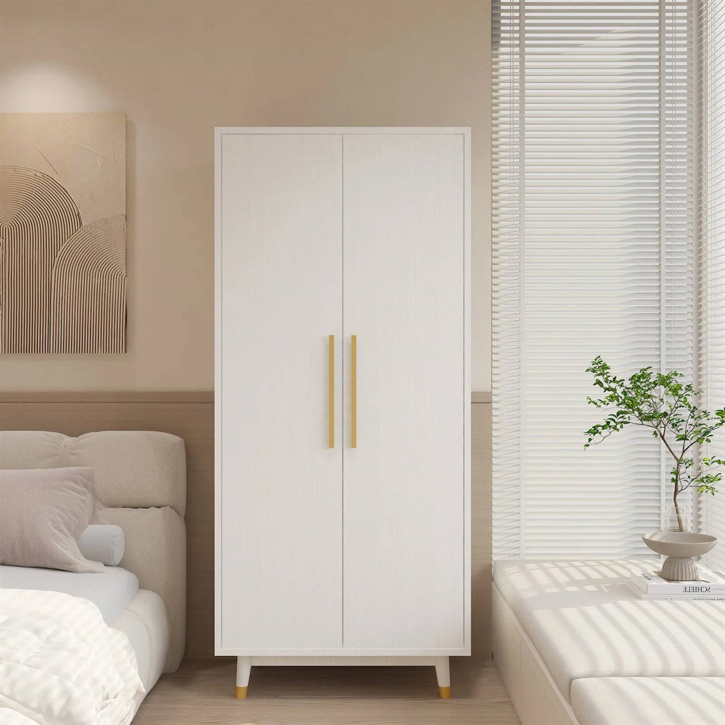 Mid-Century Modern 2-Door Bedroom Armoire Wardrobe Cabinet in White — Chic Home-Decor