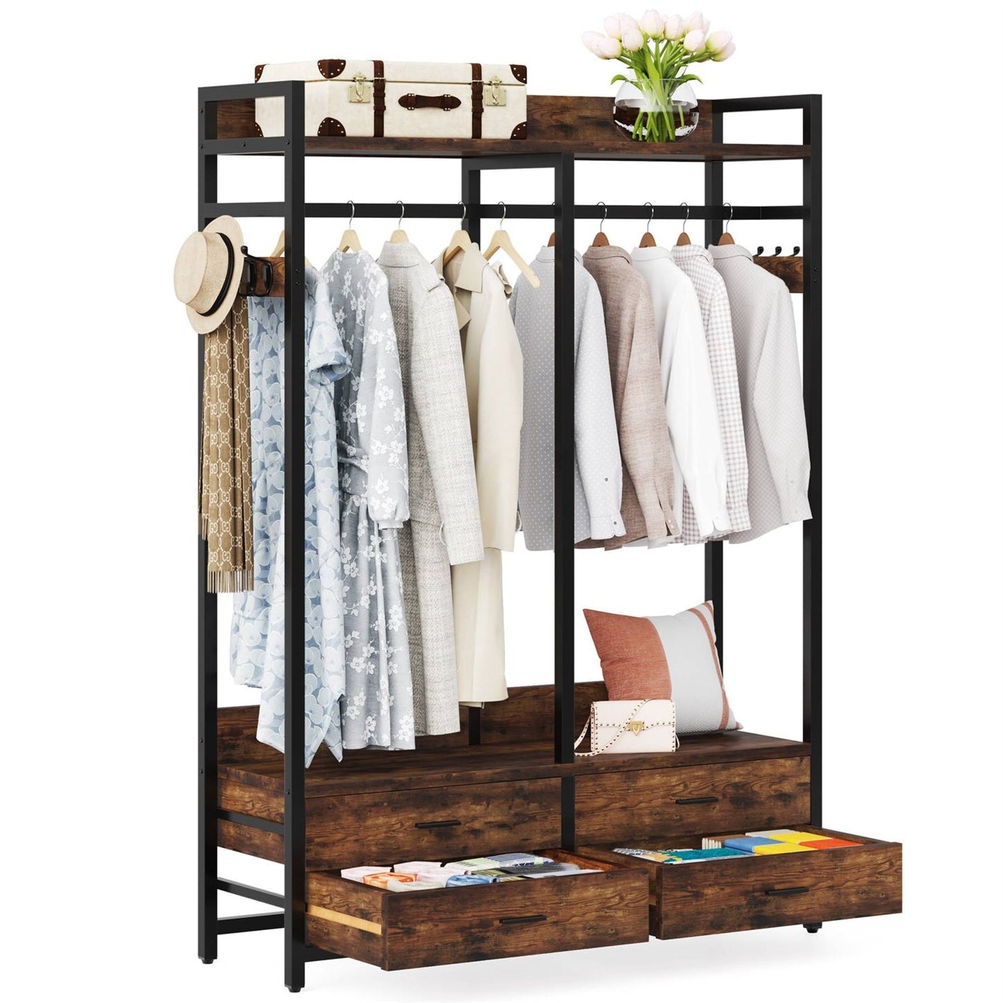Heavy Duty Brown Black Garment Rack Clothes Hanging Rod with 4 Storage Drawers — Chic Home-Decor