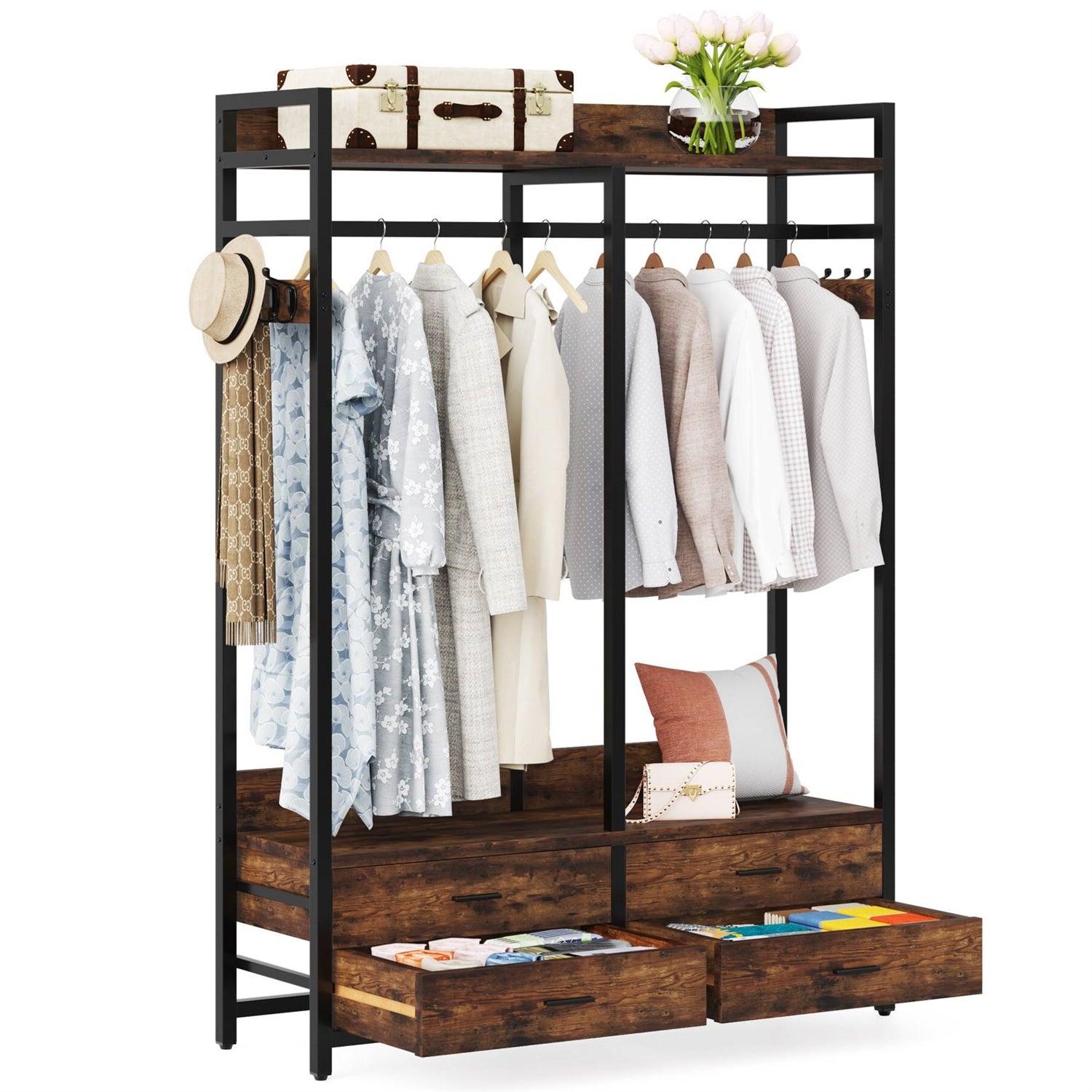 Heavy Duty Brown Black Garment Rack Clothes Hanging Rod with 4 Storage Drawers — Chic Home-Decor