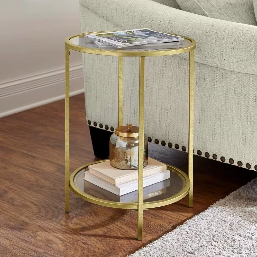 Round Accent Side Table Gold Metal Glass Top Bottom Shelf End Table — Chic Home-Decor