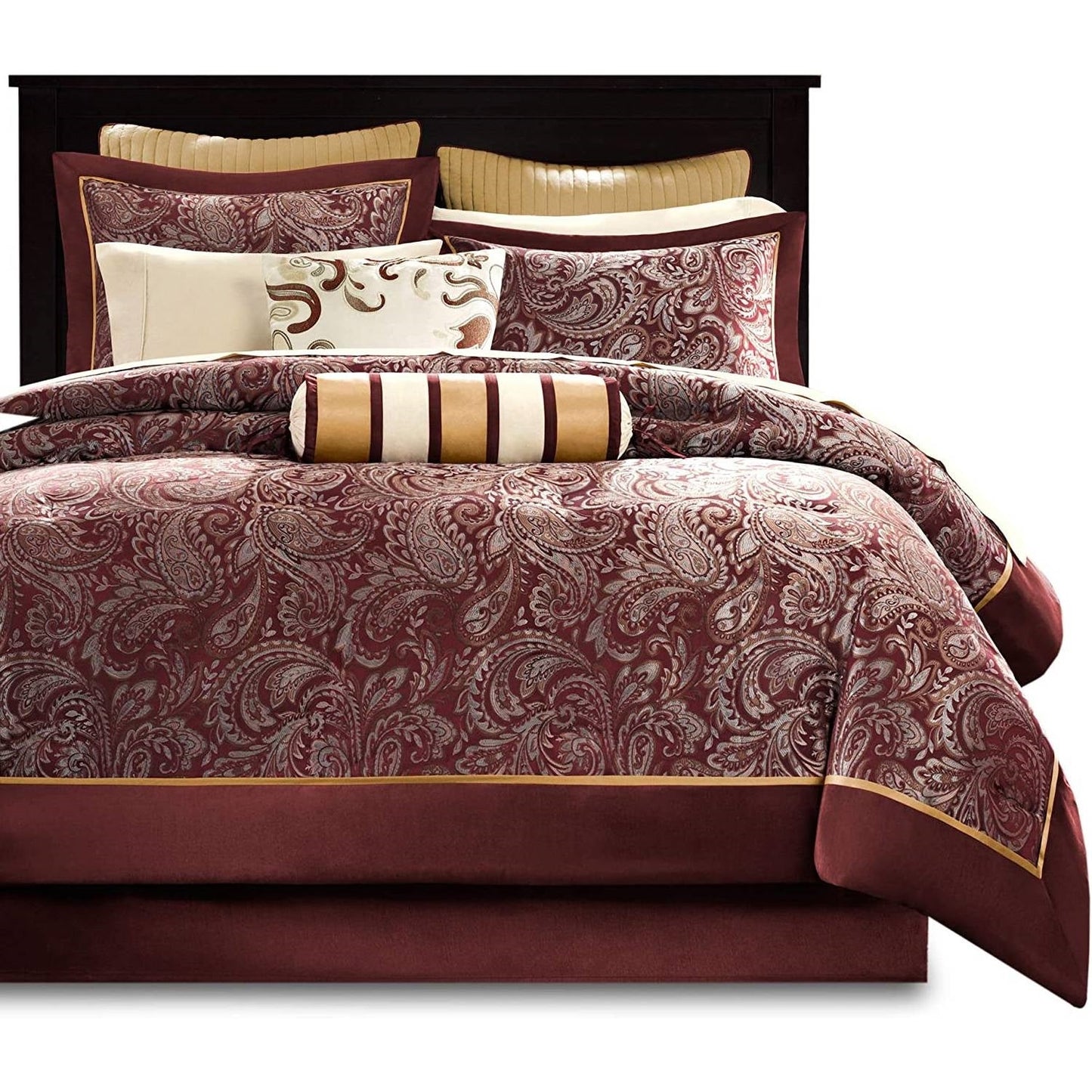 King 12 Piece Cotton Polyester Comforter Set Red Gold Paisley — Chic Home-Decor