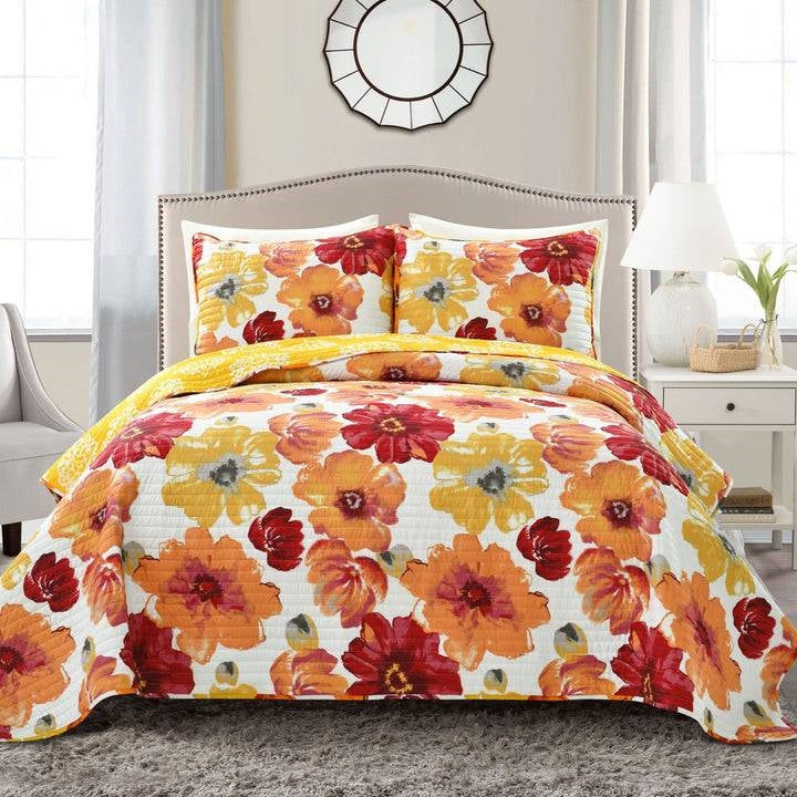 King size Orange Red Flowers Lightweight Polyester Microfiber Quilt Set — Chic Home-Decor