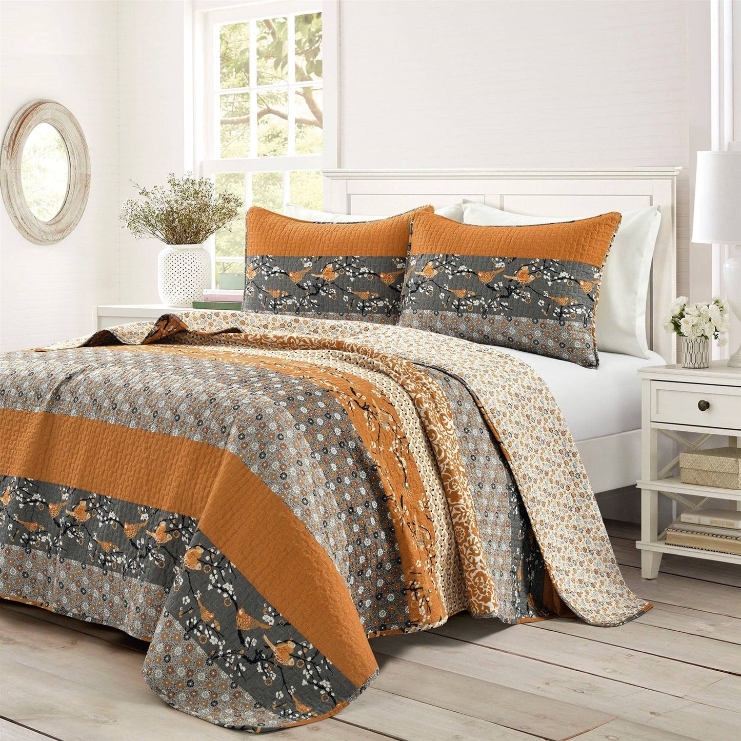 Full/Queen Size Orange Grey Floral Birds Reversible 3 Piece Quilt Set — Chic Home-Decor