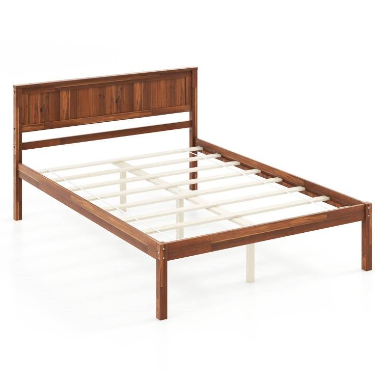 Full Size Retro Wood Platform Bed Frame with Headboard in Walnut — Chic Home-Decor