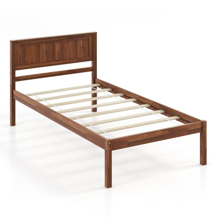 Twin Size Retro Wood Platform Bed Frame with Headboard in Walnut — Chic Home-Decor