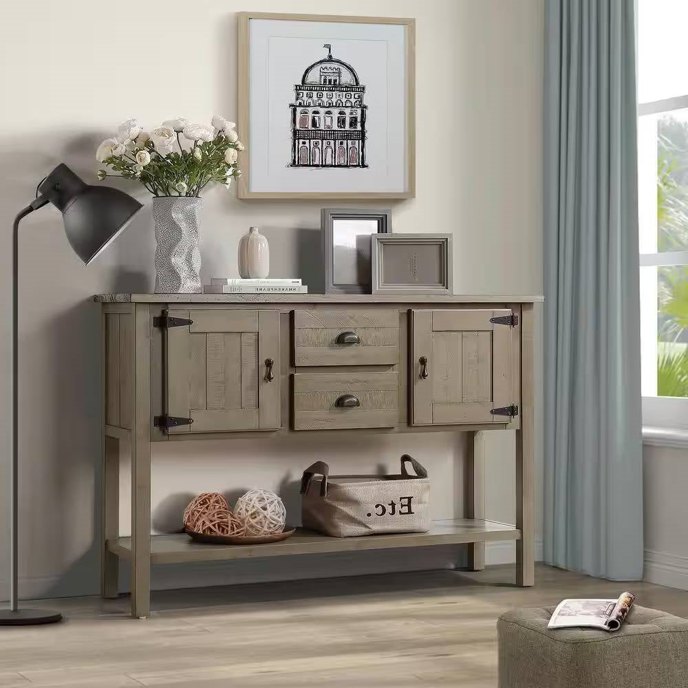 Solid Wood Farmhouse Sofa Table Cabinet with Storage Drawers in Rustic Taupe