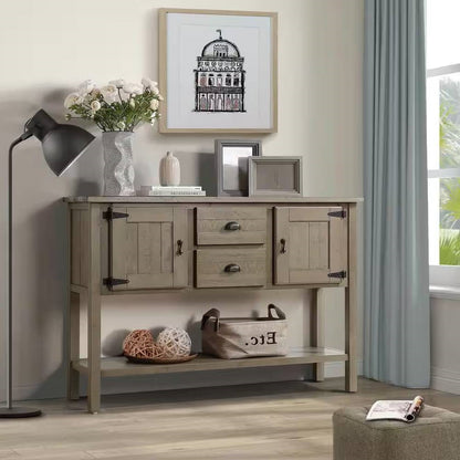 Solid Wood Farmhouse Sofa Table Cabinet with Storage Drawers in Rustic Taupe