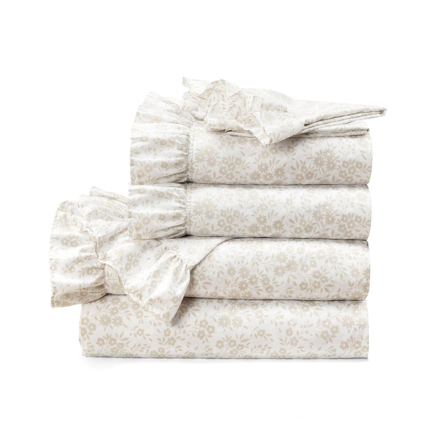Queen Size Polyester Tan Ruffle Floral 6 Piece Sheet Set — Chic Home-Decor
