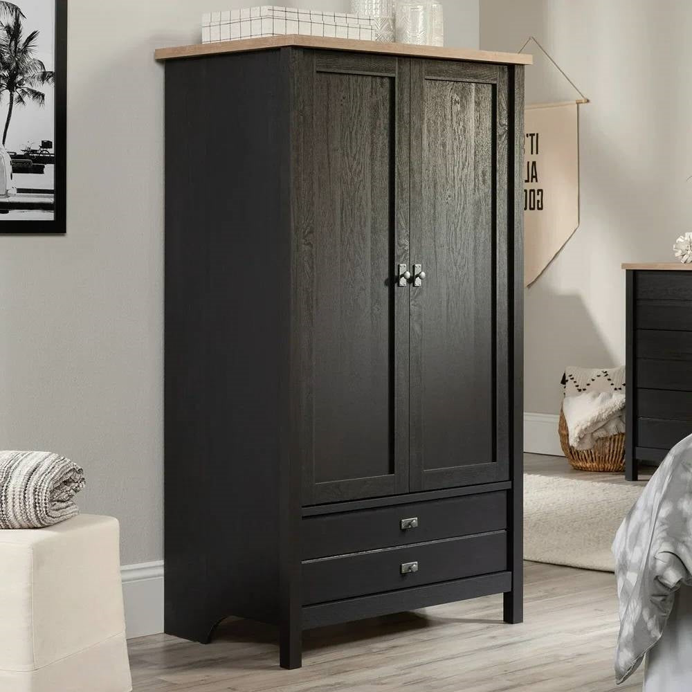 Bedroom Armoire Cabinet with Bottom Storage Drawer in Black Oak Wood Finish — Chic Home-Decor