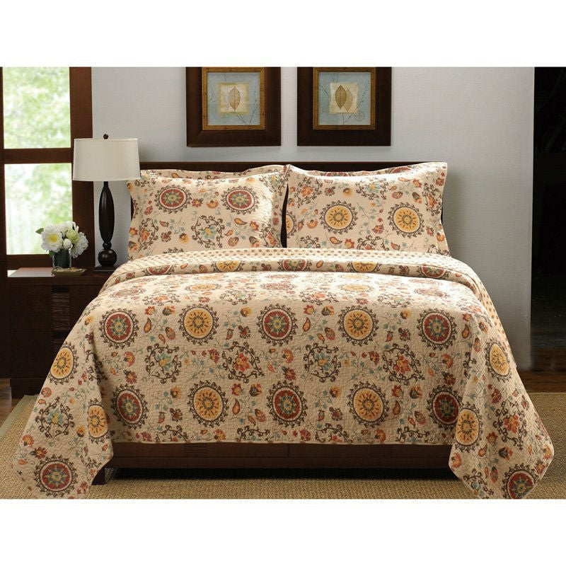 Retro Moon Shaped Floral Medallion Reversible 3 Piece Quilt Set – King