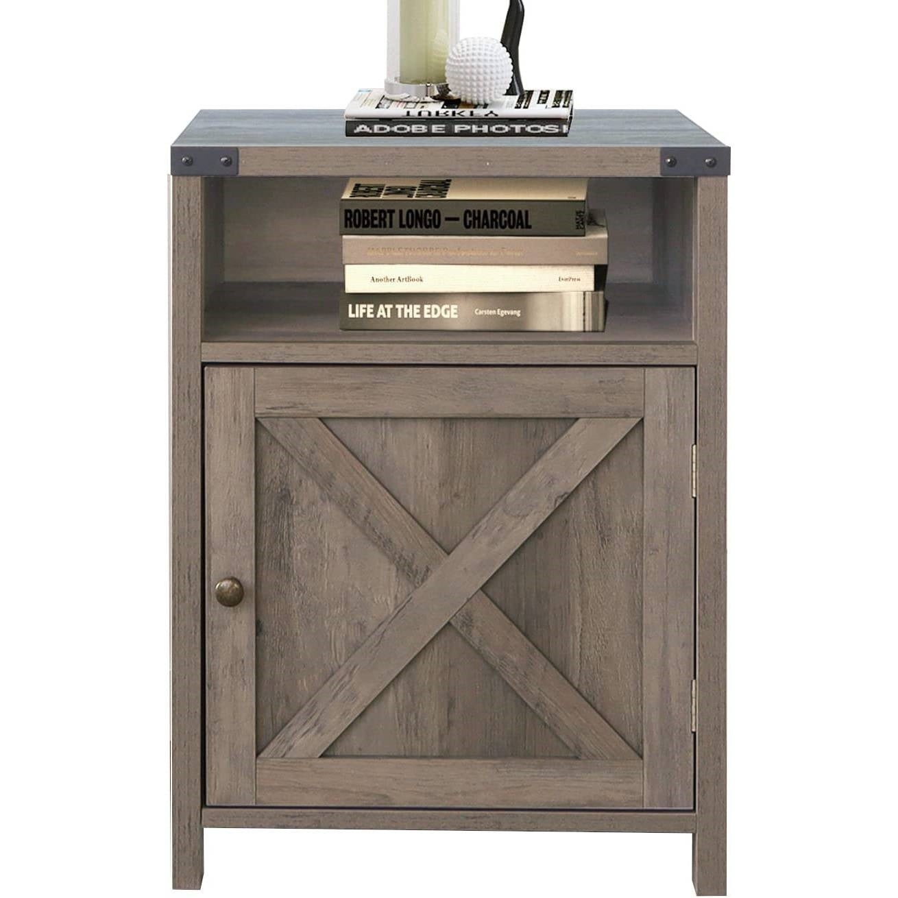 Farmhouse Style End Table Barn Door Nightstand with Open Shelf in Rustic Oak — Chic Home-Decor