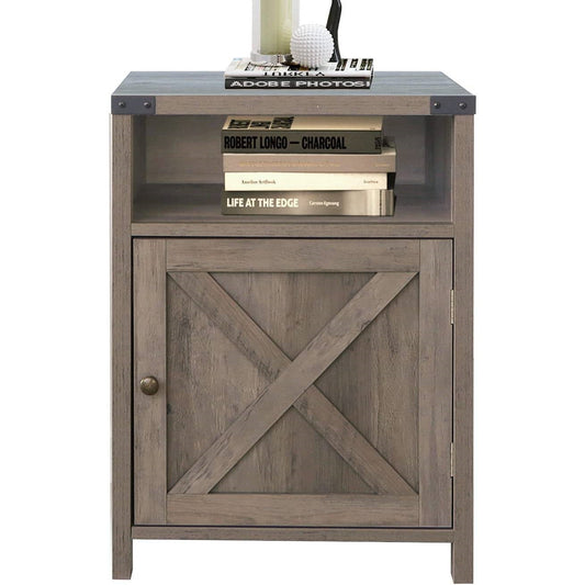 Farmhouse Style End Table Barn Door Nightstand with Open Shelf in Rustic Oak — Chic Home-Decor