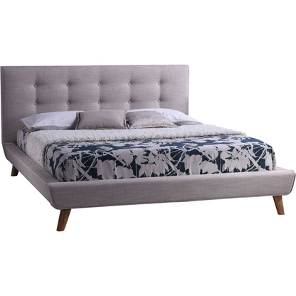 Queen size mid-century beige upholstered platform bed by FastFurnishings with tufted headboard and wooden legs