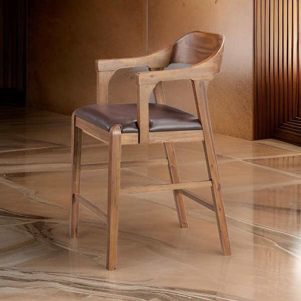 Rase 24 Inch Counter Stool Chair, Faux Leather, Open Back, Brown Wood
