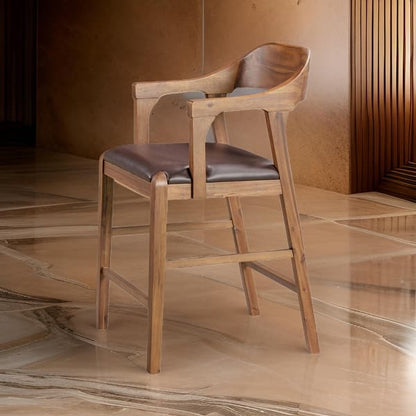 Rase 24 Inch Counter Stool Chair, Faux Leather, Open Back, Brown Wood