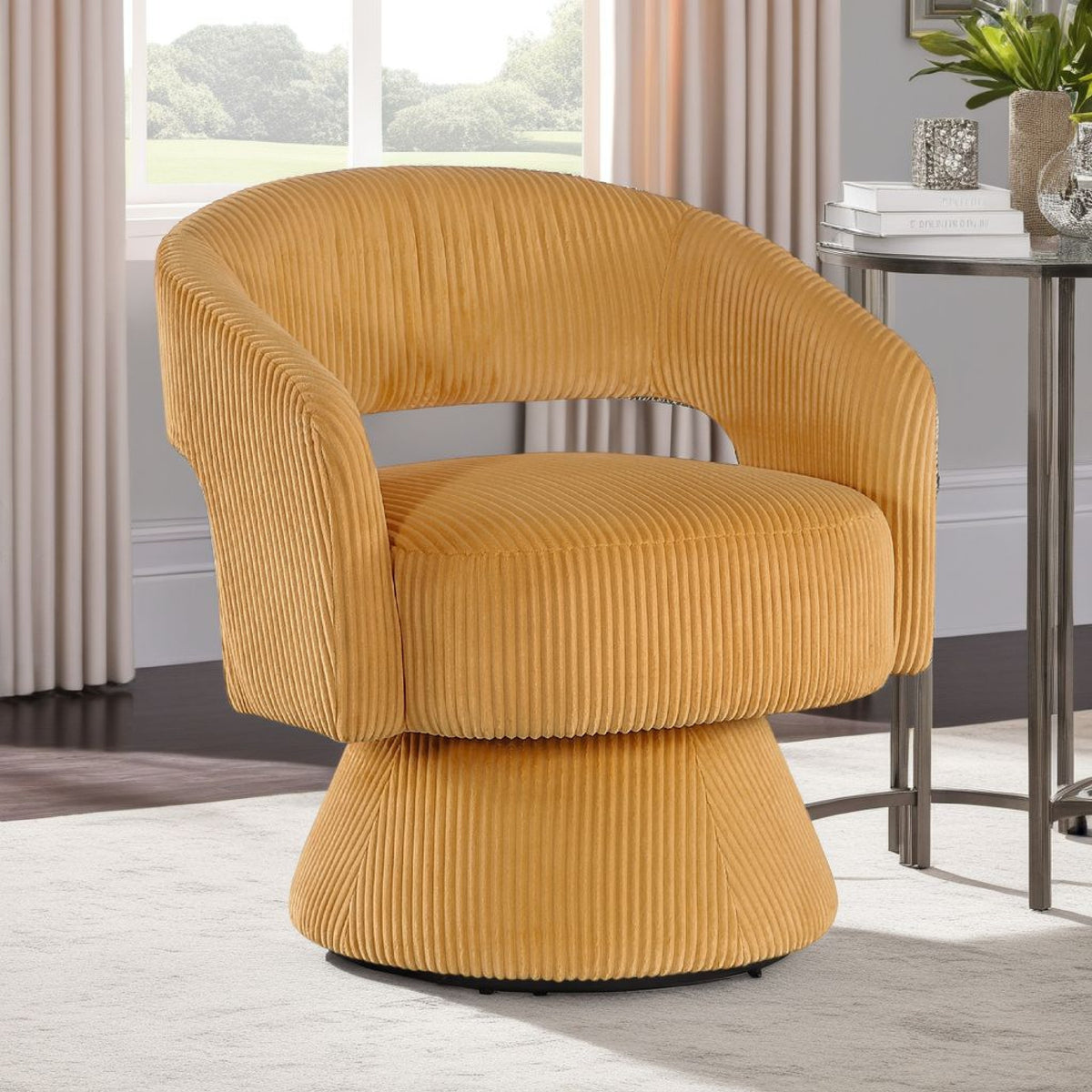 Rayne Swivel Accent Chair, Yellow Corduroy, Round Metal Swivel Base
