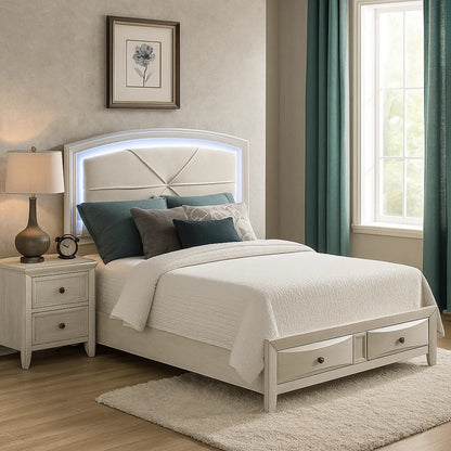 Remy Queen Size Bed with LED Headboard, 2 Bottom Drawers, Antique White