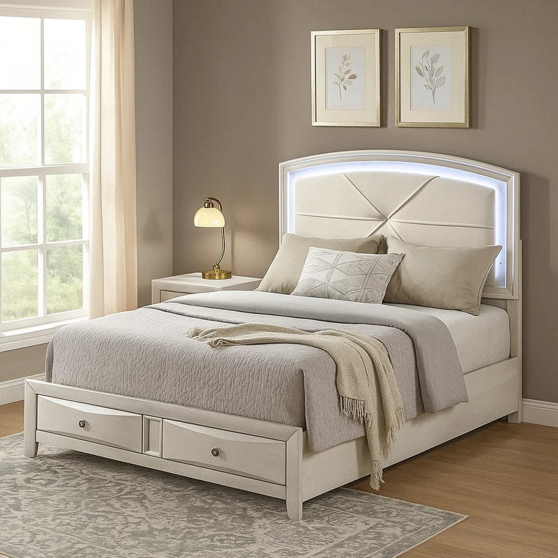 Remy Queen Size Bed with LED Headboard, 2 Bottom Drawers, Antique White