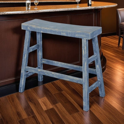 Rena Counter Height Bench | Trestle Legs with Footrests | 33" Wide Ocean Blue Mahogany Wood Frame