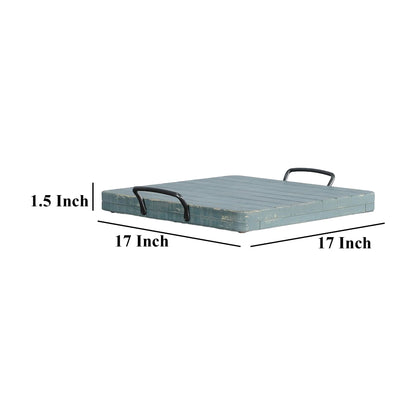 Rena Ottoman Tray with Metal Handle, 17 Inch Distressed Green Mahogany