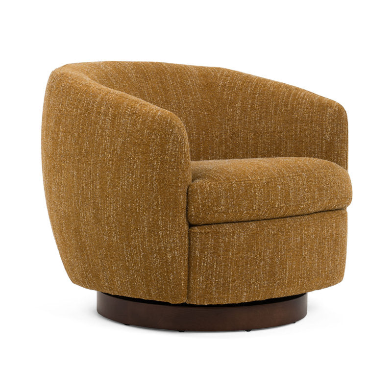 Reno Windy 34 Inch Swivel Accent Chair, Yellow Polyester, Wood Base